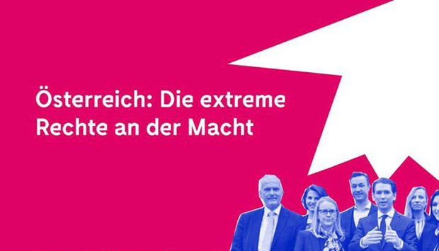 Auf der Linken Siete steht in weißer Schrift auf rotem Hintergrund folgender Text: Österreich: die extreme Rechte an der MAcht. Auf der Rechten Seite ist ein Foto mit verschiedenen Politiker_innen der FPÖ. 